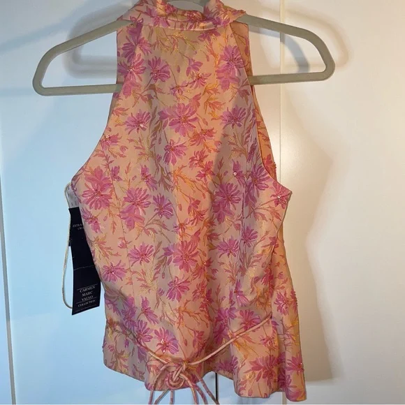 Carmen Marc Valvo Pink Orange Beaded Floral Wrap Blouse Top 8 - Picture 5 of 8